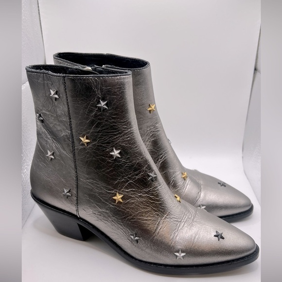 ZADIG & VOLTAIRE Women’s Silver Metallic Star Studded Zip Up Tyler Ankle Boots